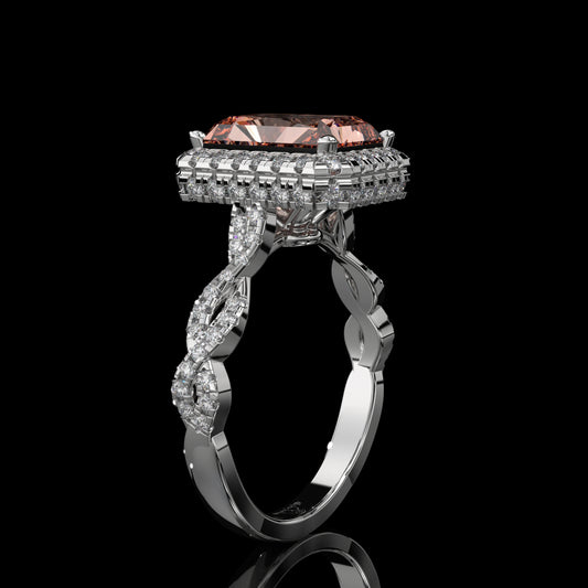 Pink Elongated Radiant Lab Diamond Ring with Hidden Halo & Pavé Gallery