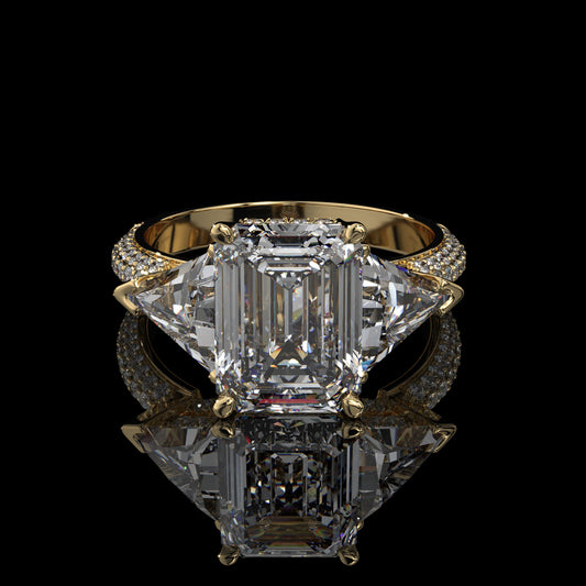 Emerald Cut Three Stone Lab Grown Diamond Engagement Ring with Trapezoid Sides