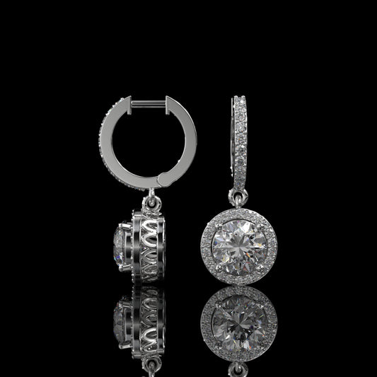 Round Halo Lab Diamond Drop Hoop Earrings with Pavé Setting