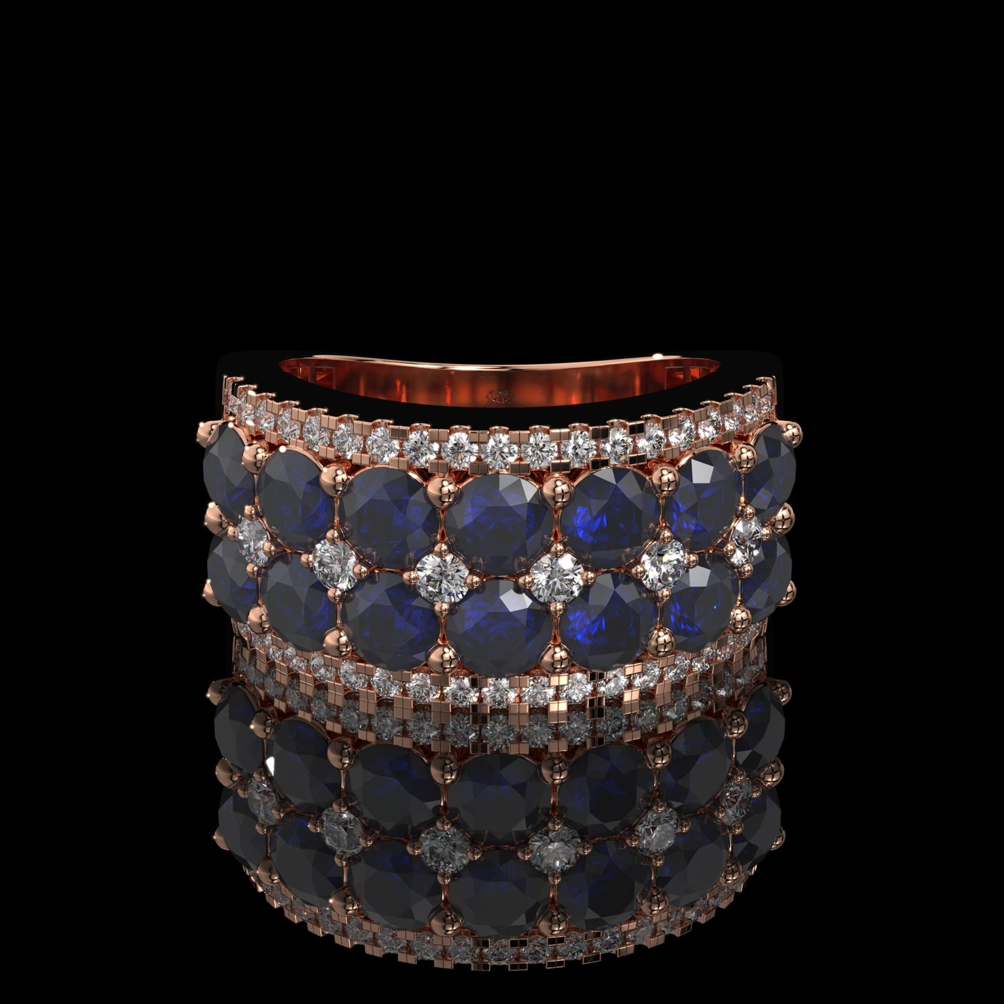 Blue Sapphire & Diamond Wide Band with Pavé Lattice Design