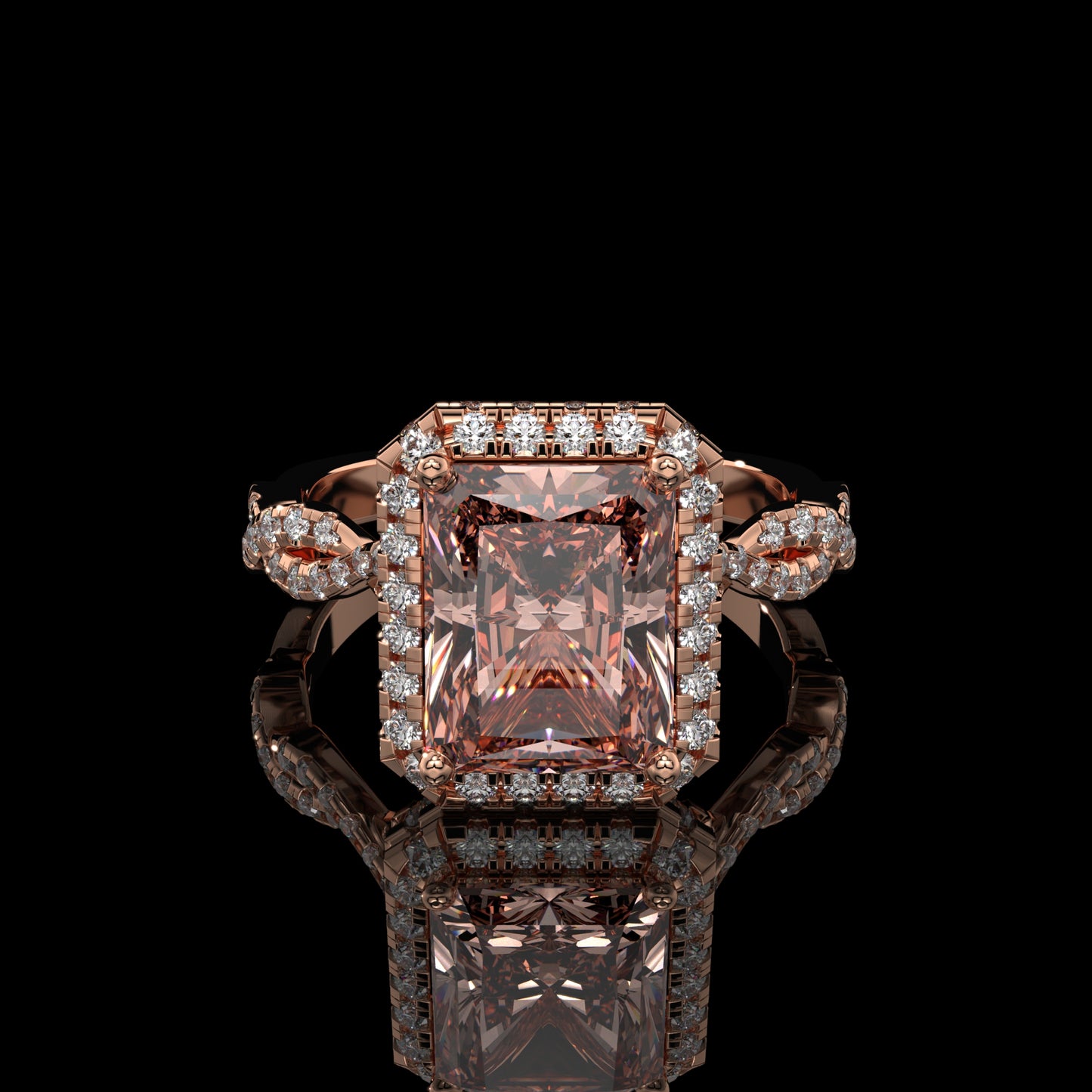 Pink Elongated Radiant Lab Diamond Ring with Hidden Halo & Pavé Gallery