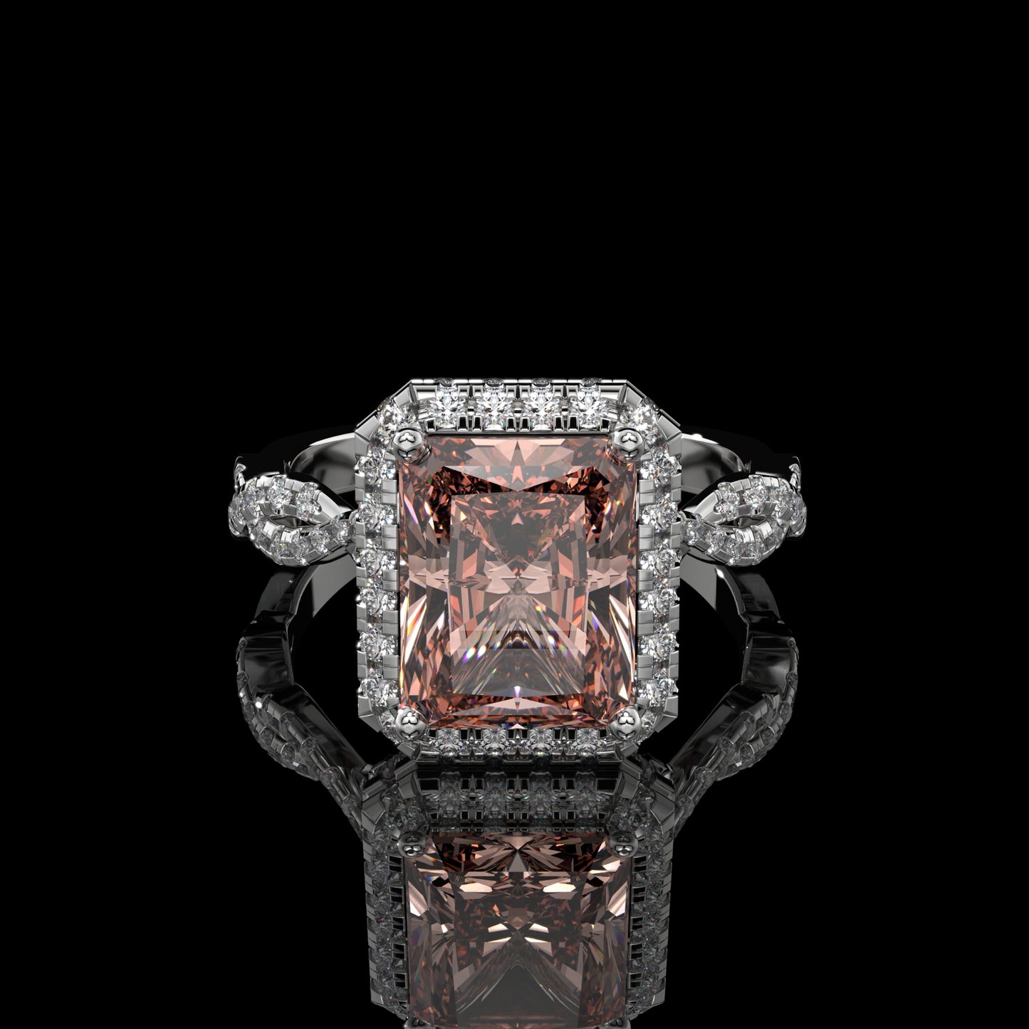 Pink Elongated Radiant Lab Diamond Ring with Hidden Halo & Pavé Gallery