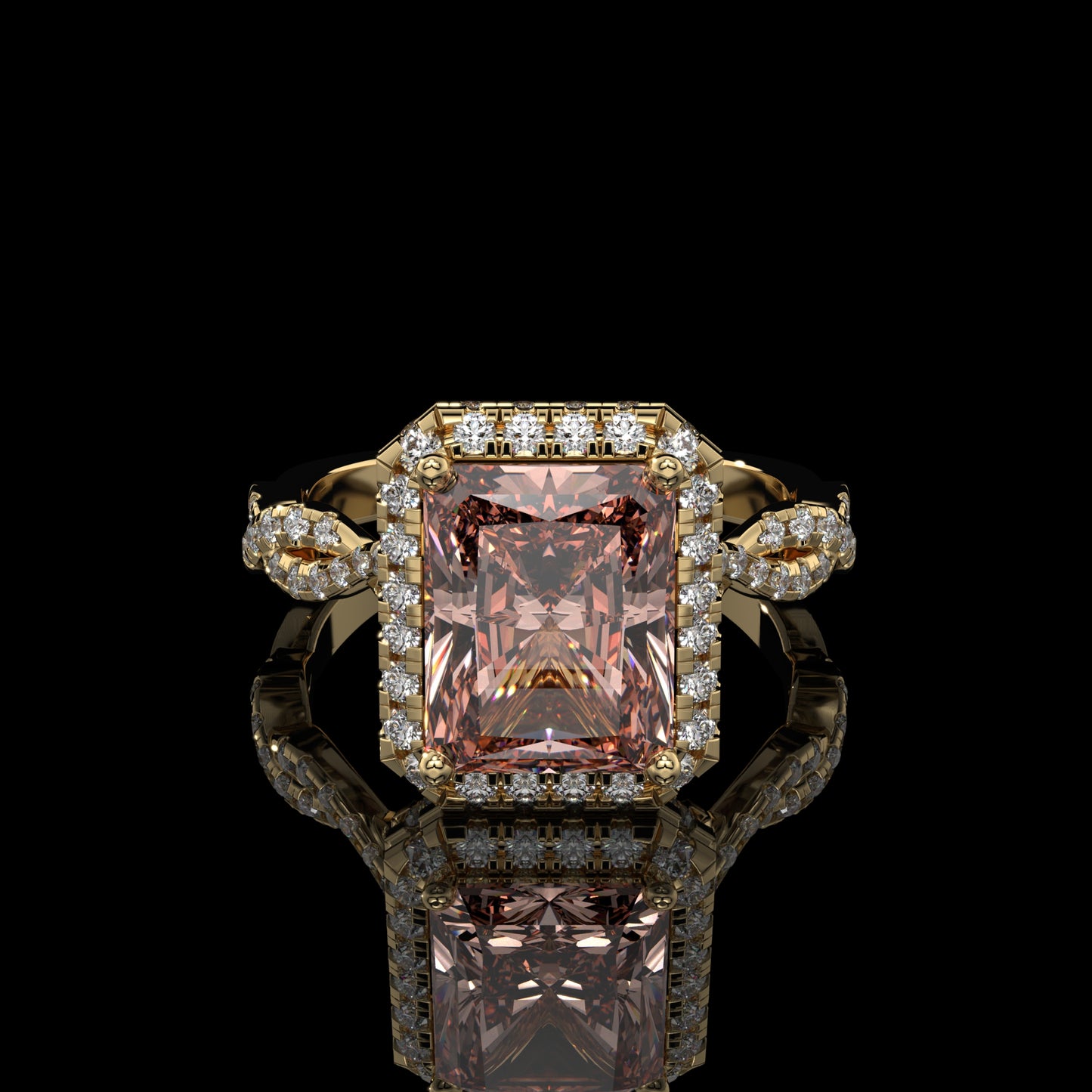 Pink Elongated Radiant Lab Diamond Ring with Hidden Halo & Pavé Gallery