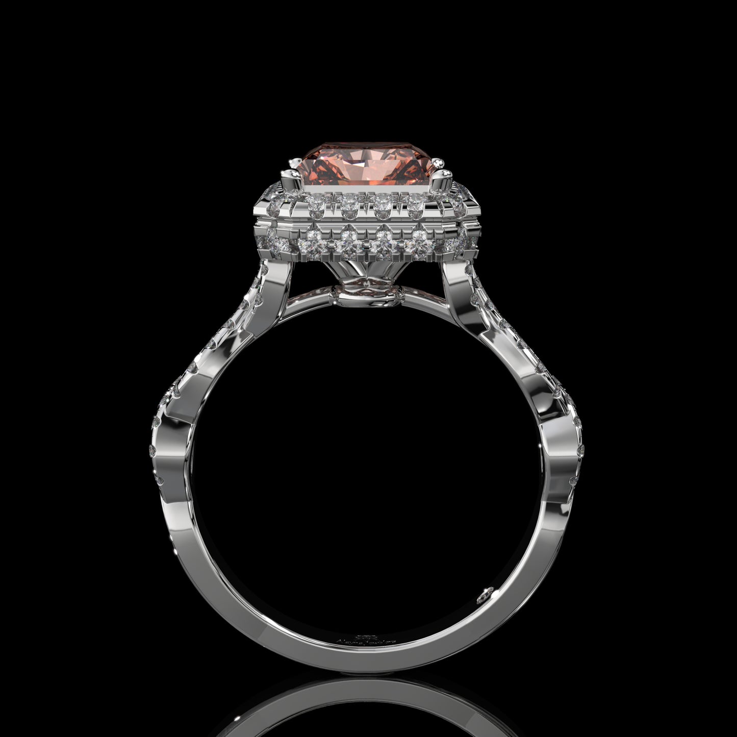 Pink Elongated Radiant Lab Diamond Ring with Hidden Halo & Pavé Gallery