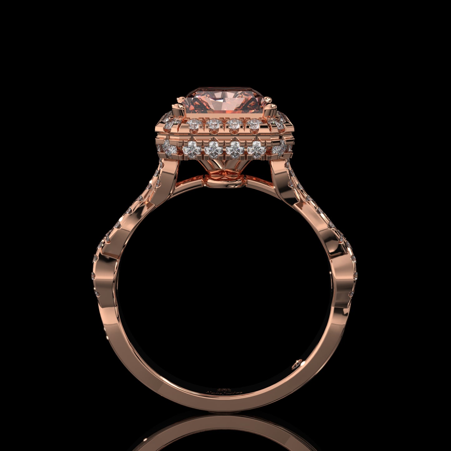 Pink Elongated Radiant Lab Diamond Ring with Hidden Halo & Pavé Gallery