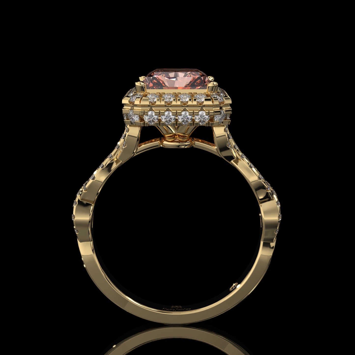 Pink Elongated Radiant Lab Diamond Ring with Hidden Halo & Pavé Gallery