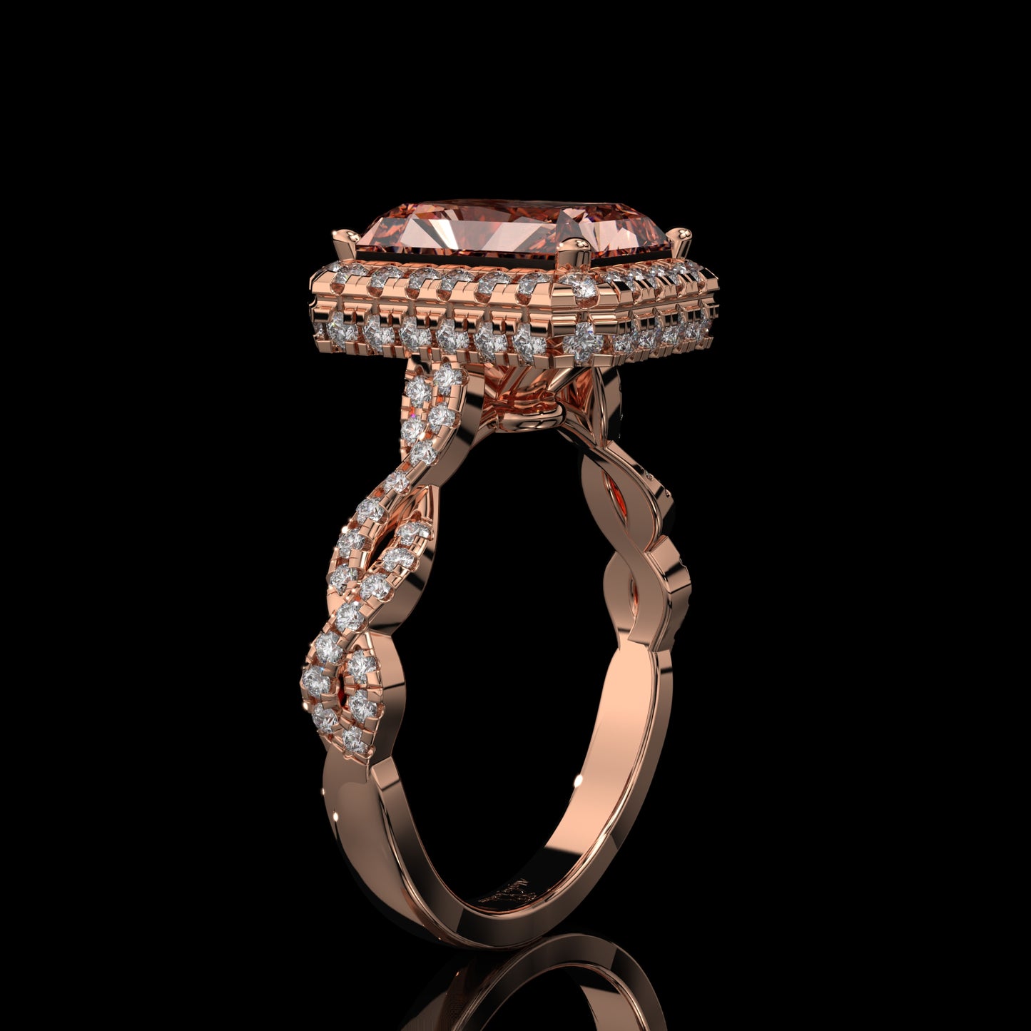 Pink Elongated Radiant Lab Diamond Ring with Hidden Halo & Pavé Gallery
