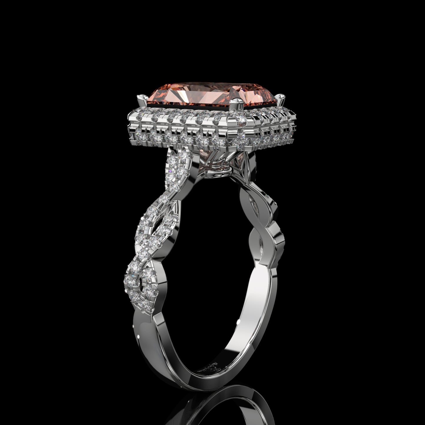 Pink Elongated Radiant Lab Diamond Ring with Hidden Halo & Pavé Gallery
