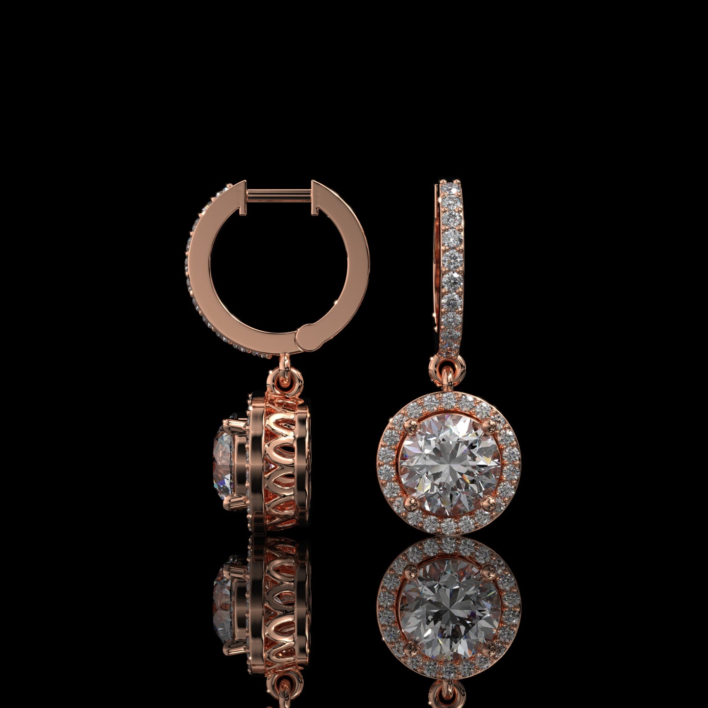 Round Halo Lab Diamond Drop Hoop Earrings with Pavé Setting