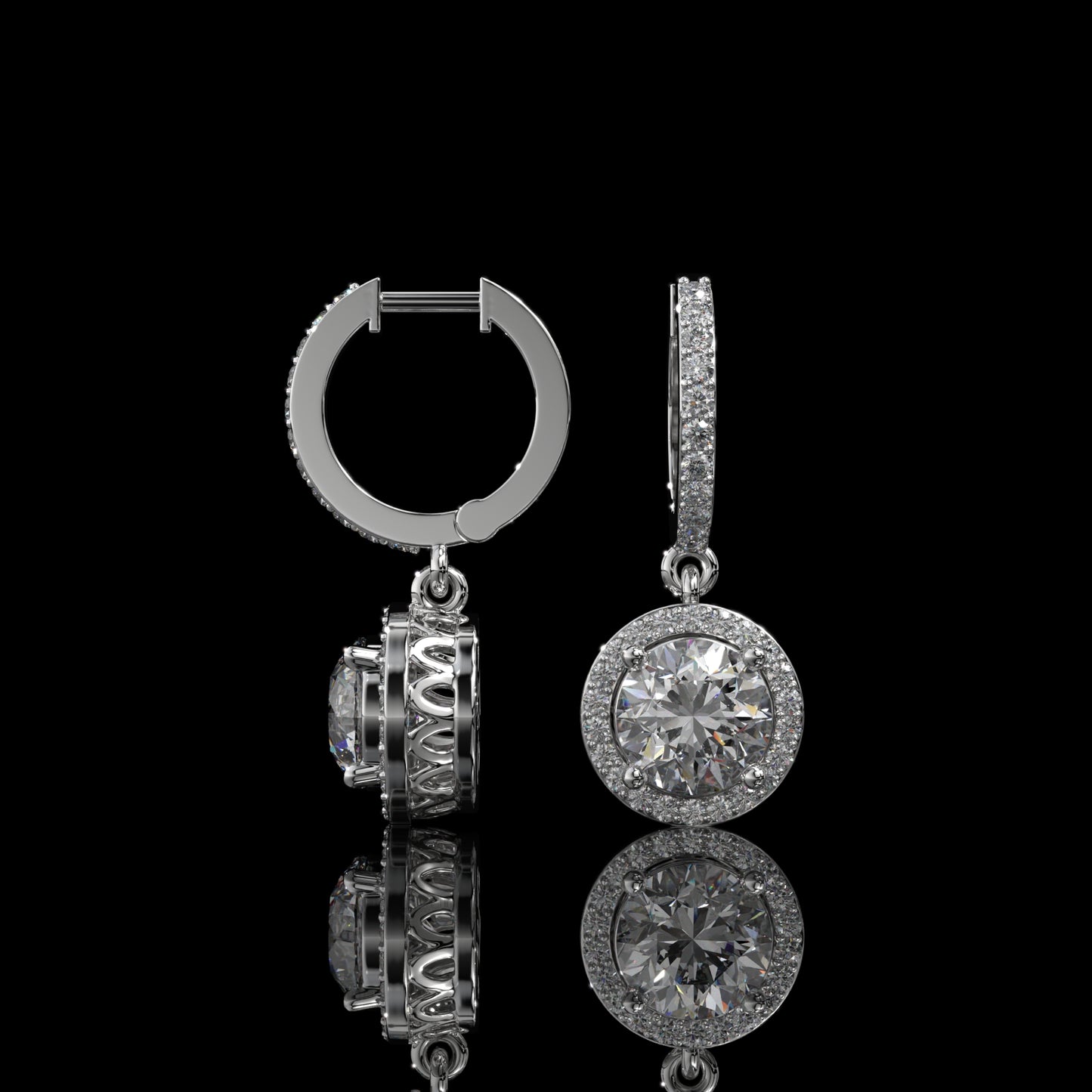 Round Halo Lab Diamond Drop Hoop Earrings with Pavé Setting