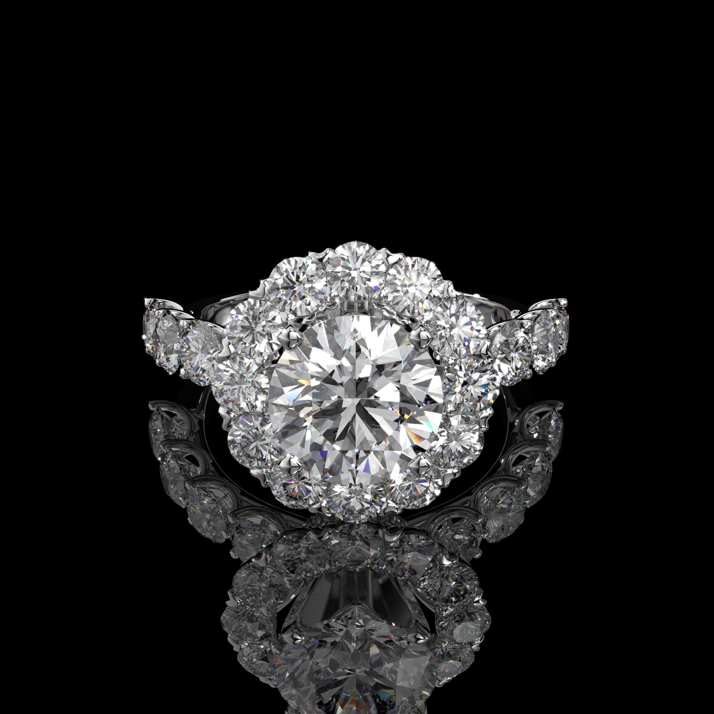 Round Halo Lab Diamond Engagement Ring with Pavé Band