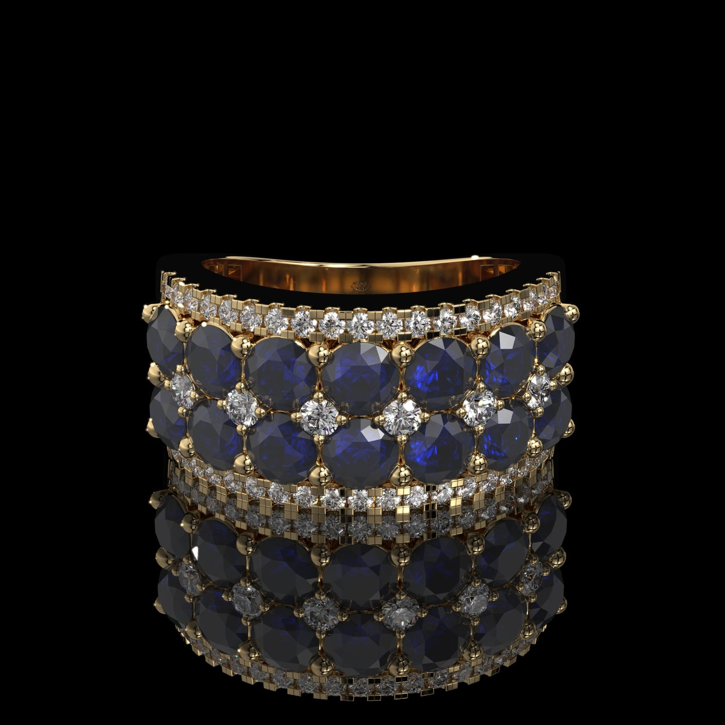 Blue Sapphire & Diamond Wide Band with Pavé Lattice Design