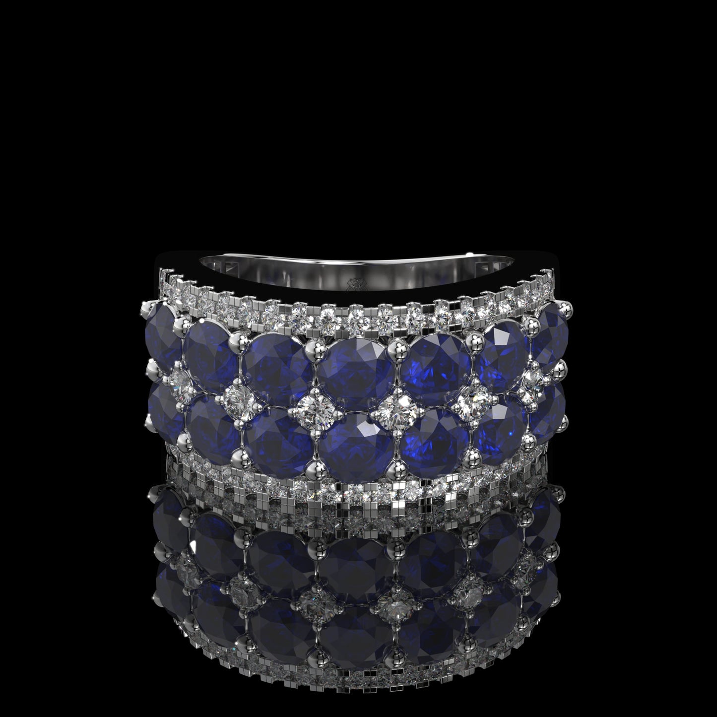 Blue Sapphire & Diamond Wide Band with Pavé Lattice Design