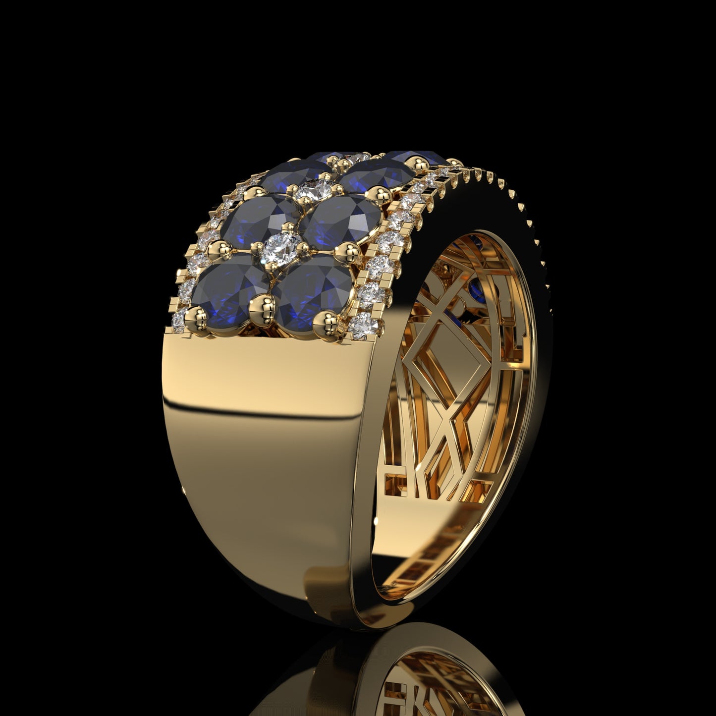 Blue Sapphire & Diamond Wide Band with Pavé Lattice Design