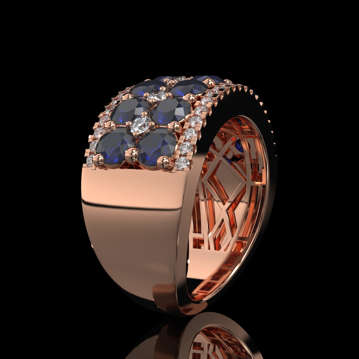 Blue Sapphire & Diamond Wide Band with Pavé Lattice Design