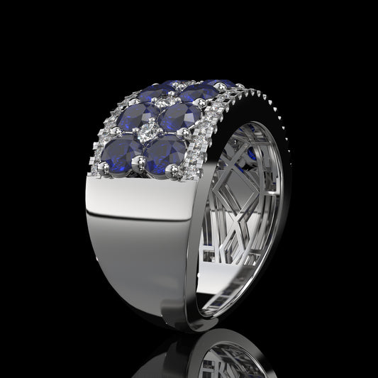 Blue Sapphire & Diamond Wide Band with Pavé Lattice Design