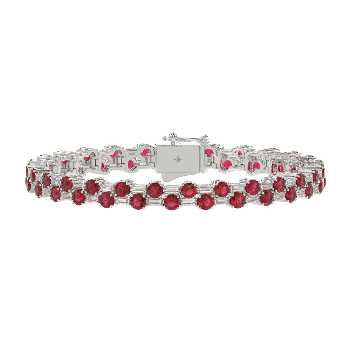 14K WHITE GOLD 9.00CT BAGUETTE/ROUND RUBY DIAMOND LADIES BRACELET (ROUND RUBY 7 3/4CT)