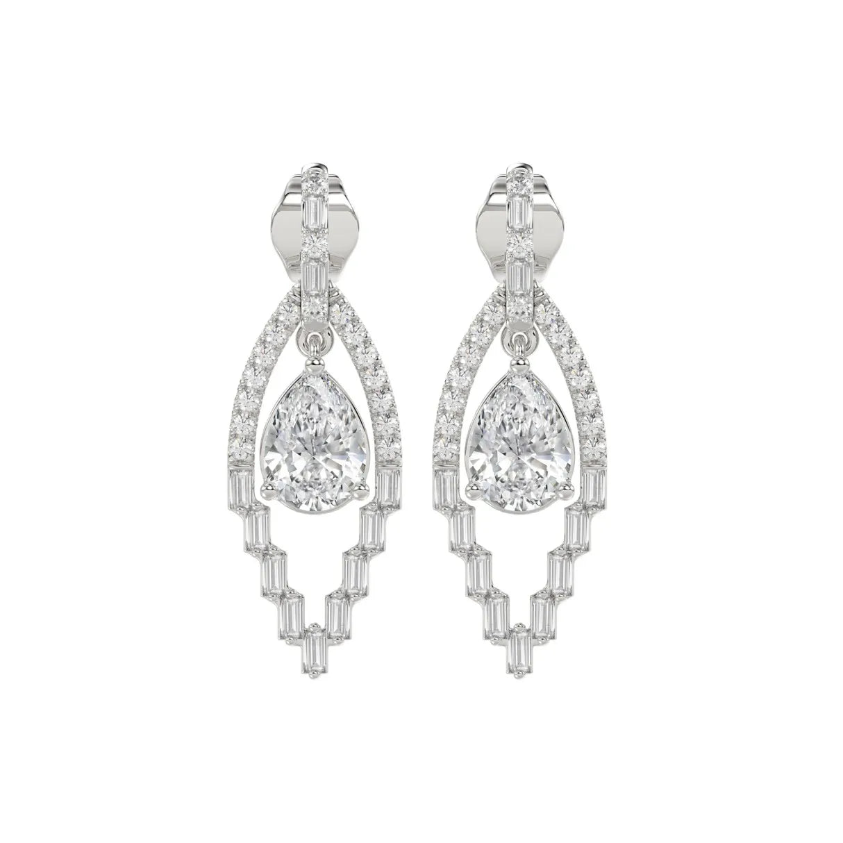 14K WHITE GOLD 2.00CT ROUND/BAGUETTE/PEAR DIAMOND LADIES EARRINGS