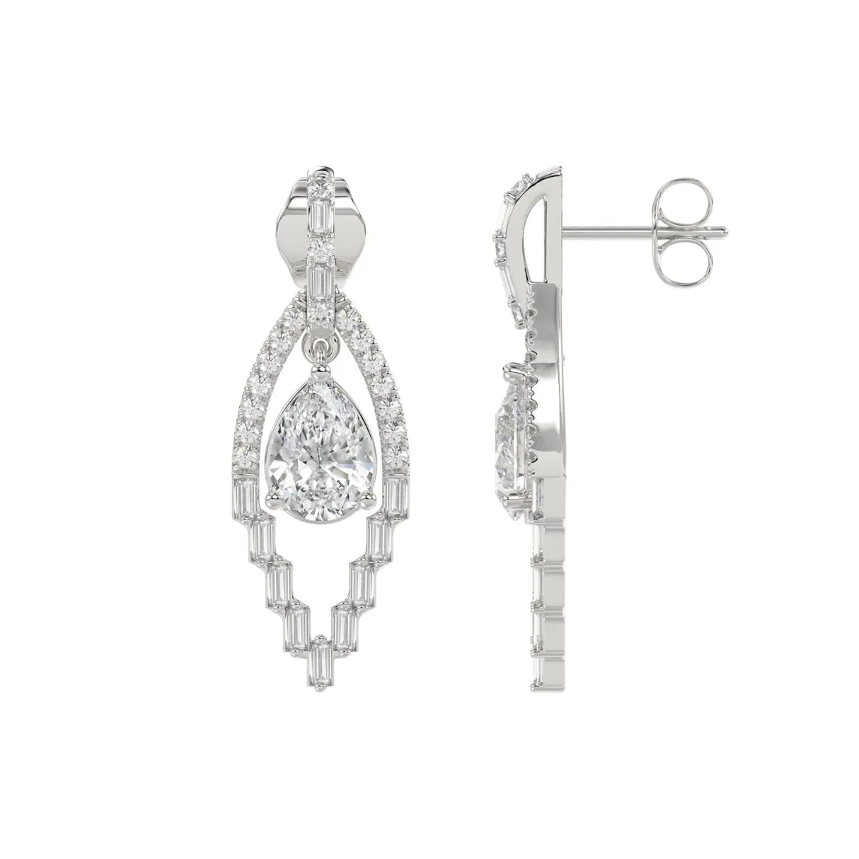 14K WHITE GOLD 2.00CT ROUND/BAGUETTE/PEAR DIAMOND LADIES EARRINGS