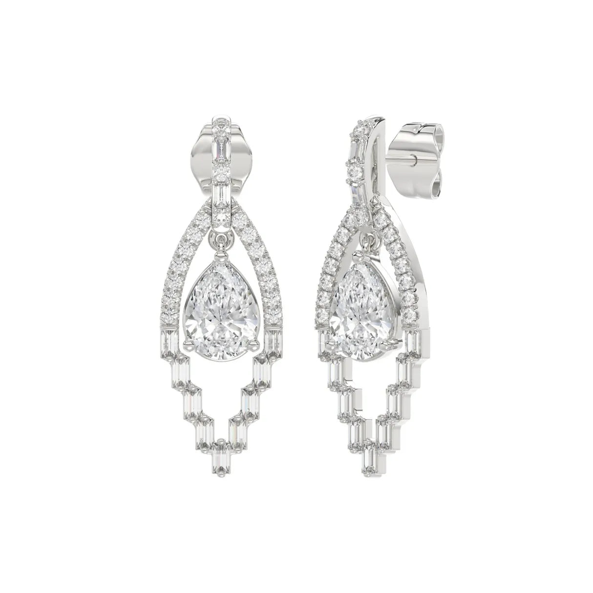 14K WHITE GOLD 2.00CT ROUND/BAGUETTE/PEAR DIAMOND LADIES EARRINGS