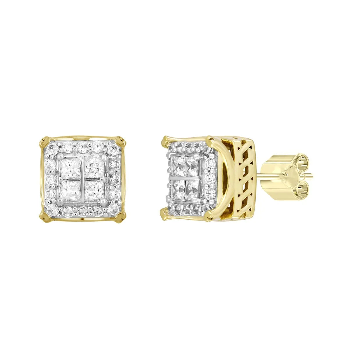 10K YELLOW GOLD 1.00CT ROUND/PRINCESS DIAMOND LADIES EARRINGS