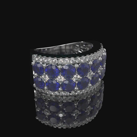 Blue Sapphire & Diamond Wide Band with Pavé Lattice Design